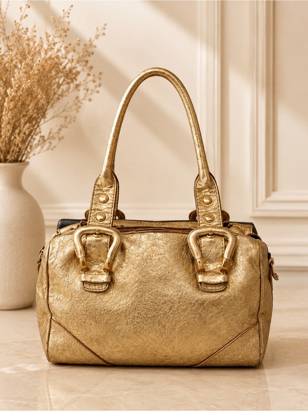 Francesco Biasia Gold Metallic Leather Satchel structured Shoulder Bag